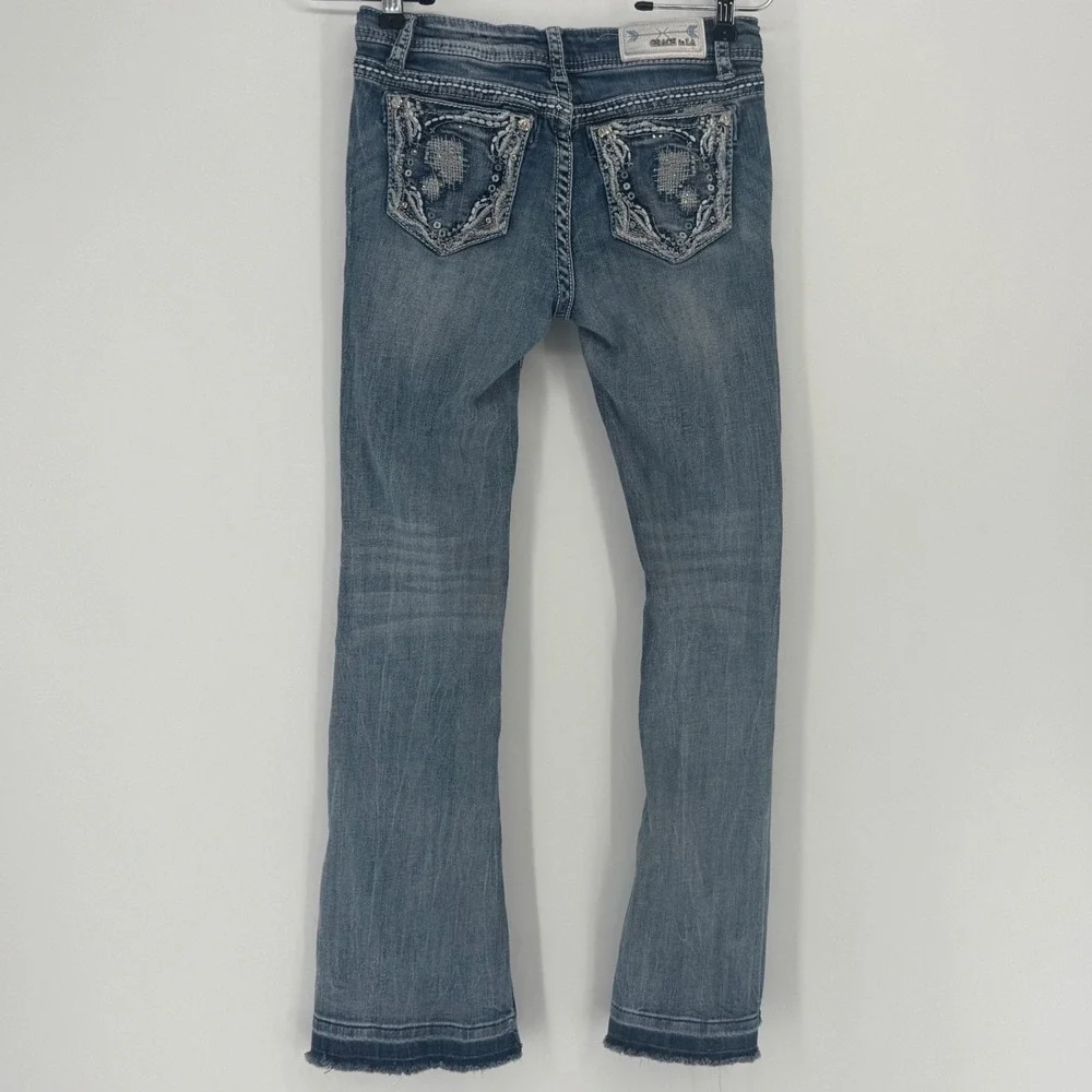 Grace in LA Girls Bootcut Jeans Size 12 Blue Embellished Rhinestone Distressed